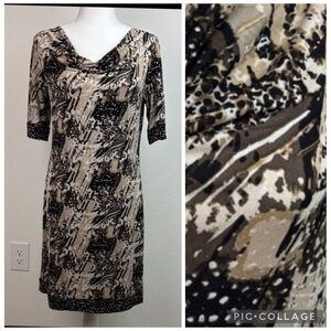Style & Co. drape neck 3/4 sleeve abstract animal  print jersey shift dress PM